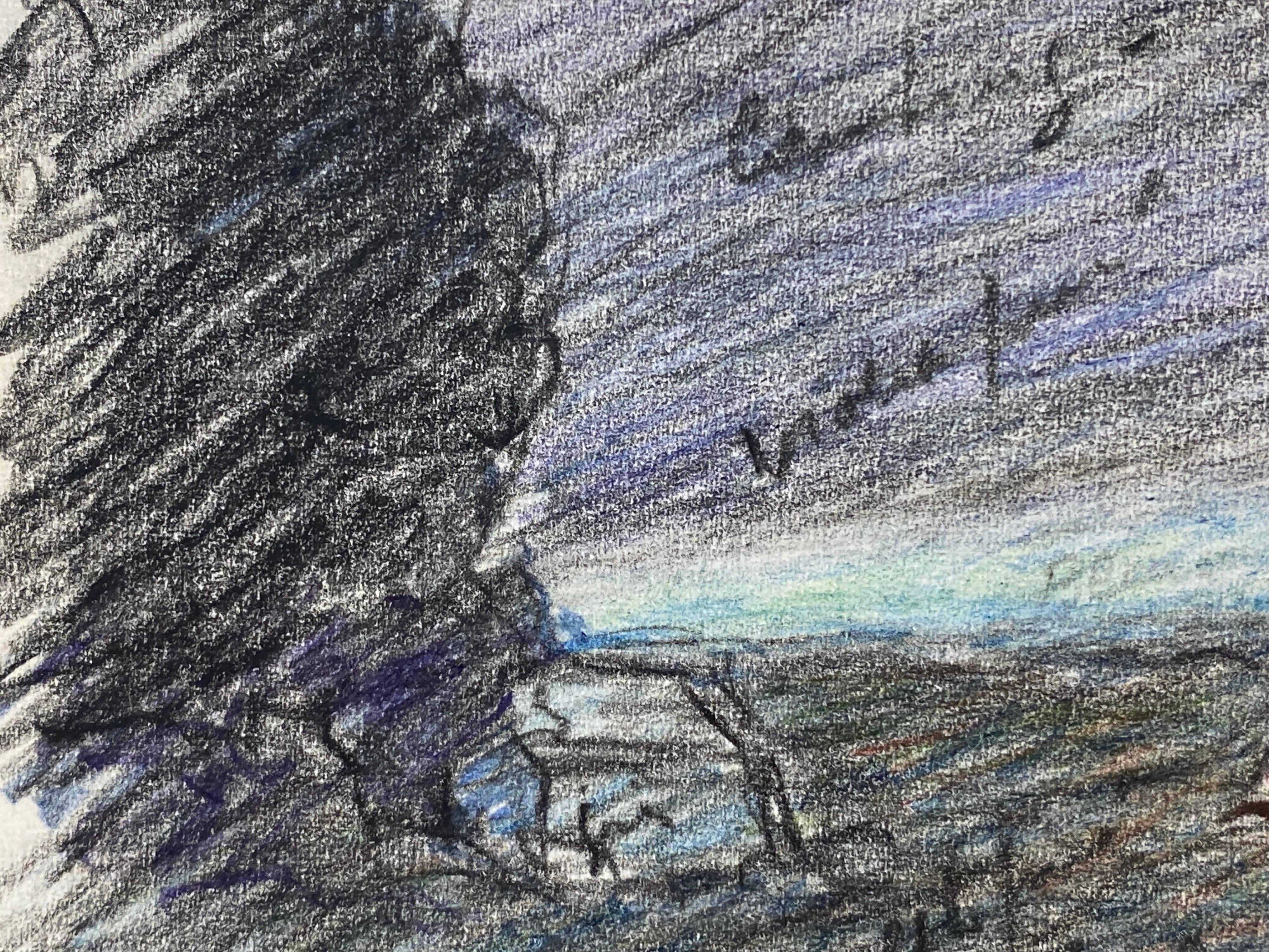 Camille Meriot Dibujo impresionista a lápiz firmado en francés 