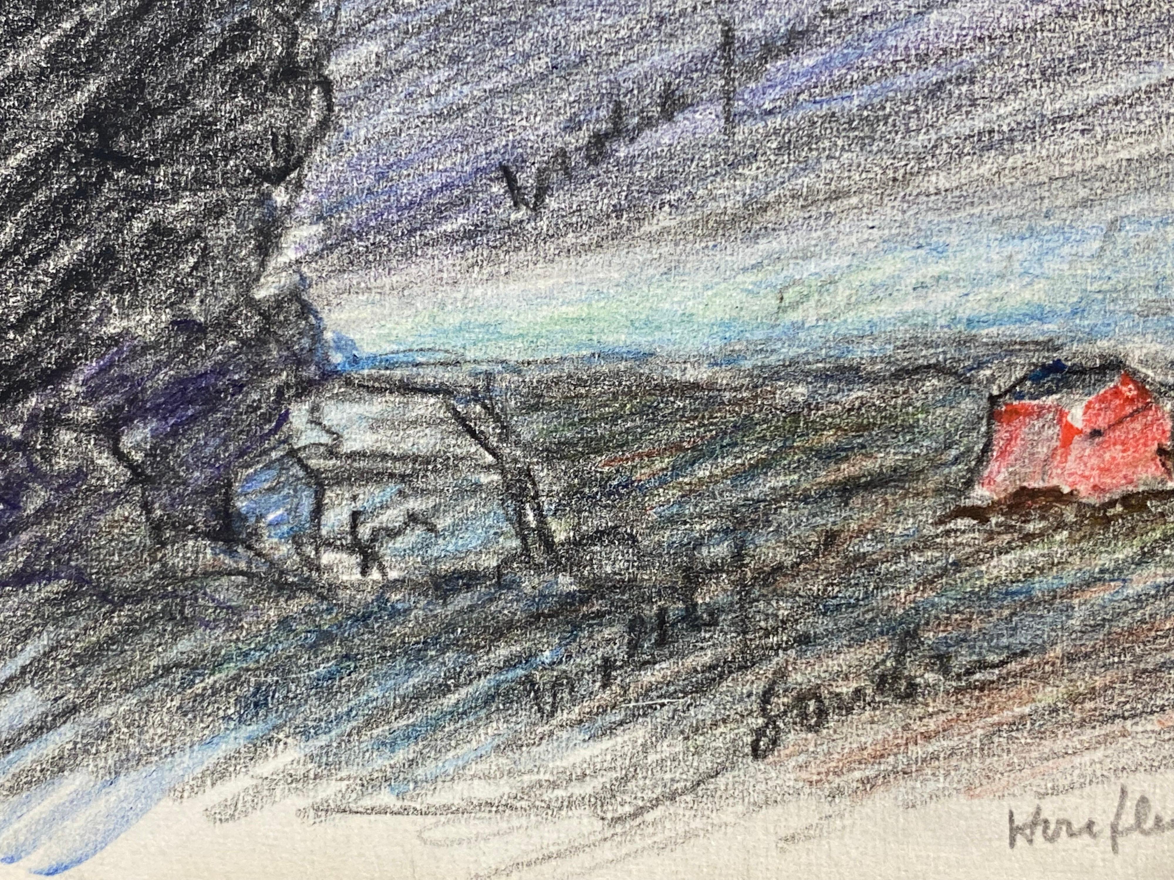 Camille Meriot Dibujo impresionista a lápiz firmado en francés 