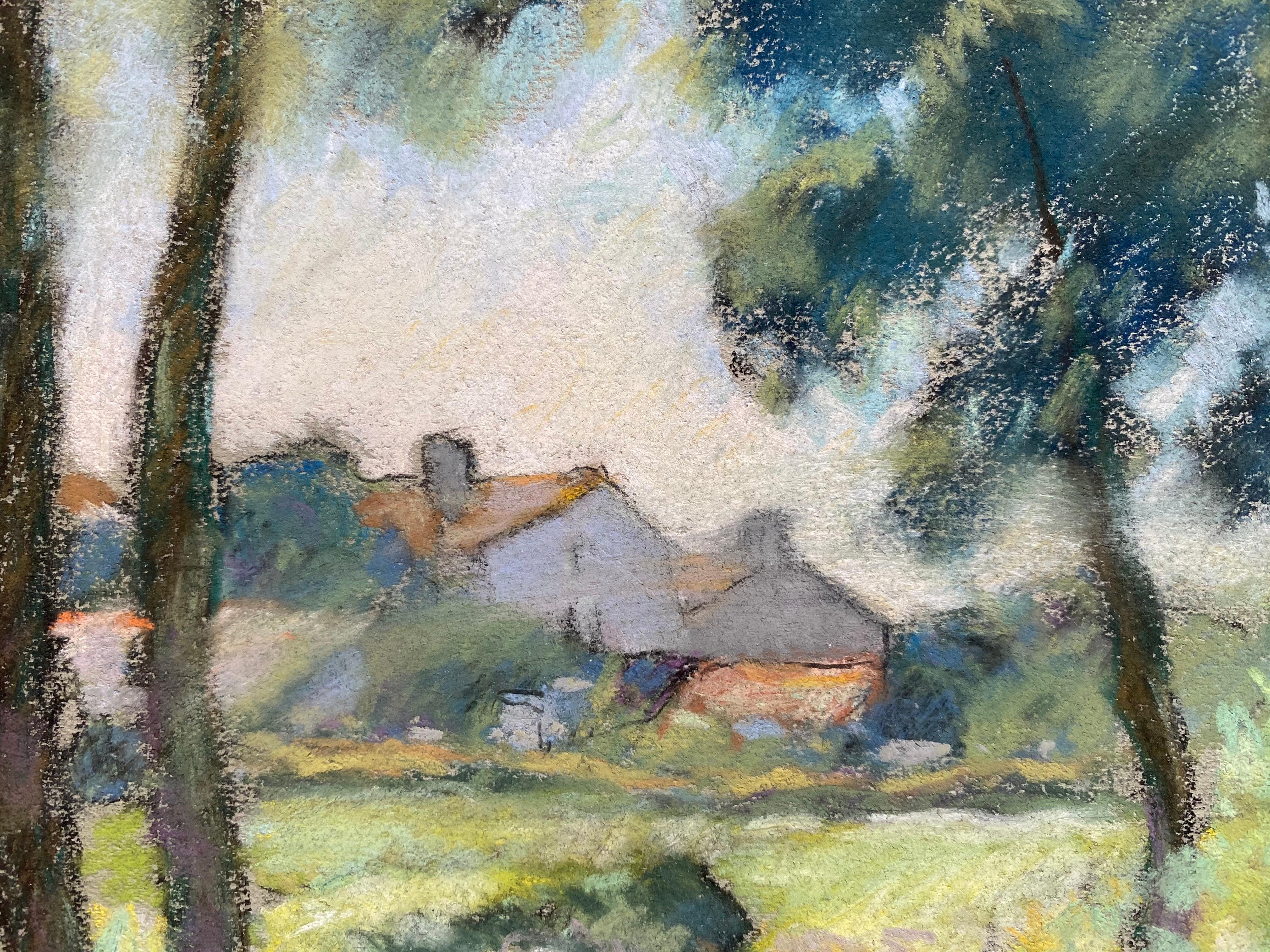 Camille Meriot Mid 20th Century Pastel French Impressionist Painting Rural Field In Good Condition For Sale In Cirencester, GB