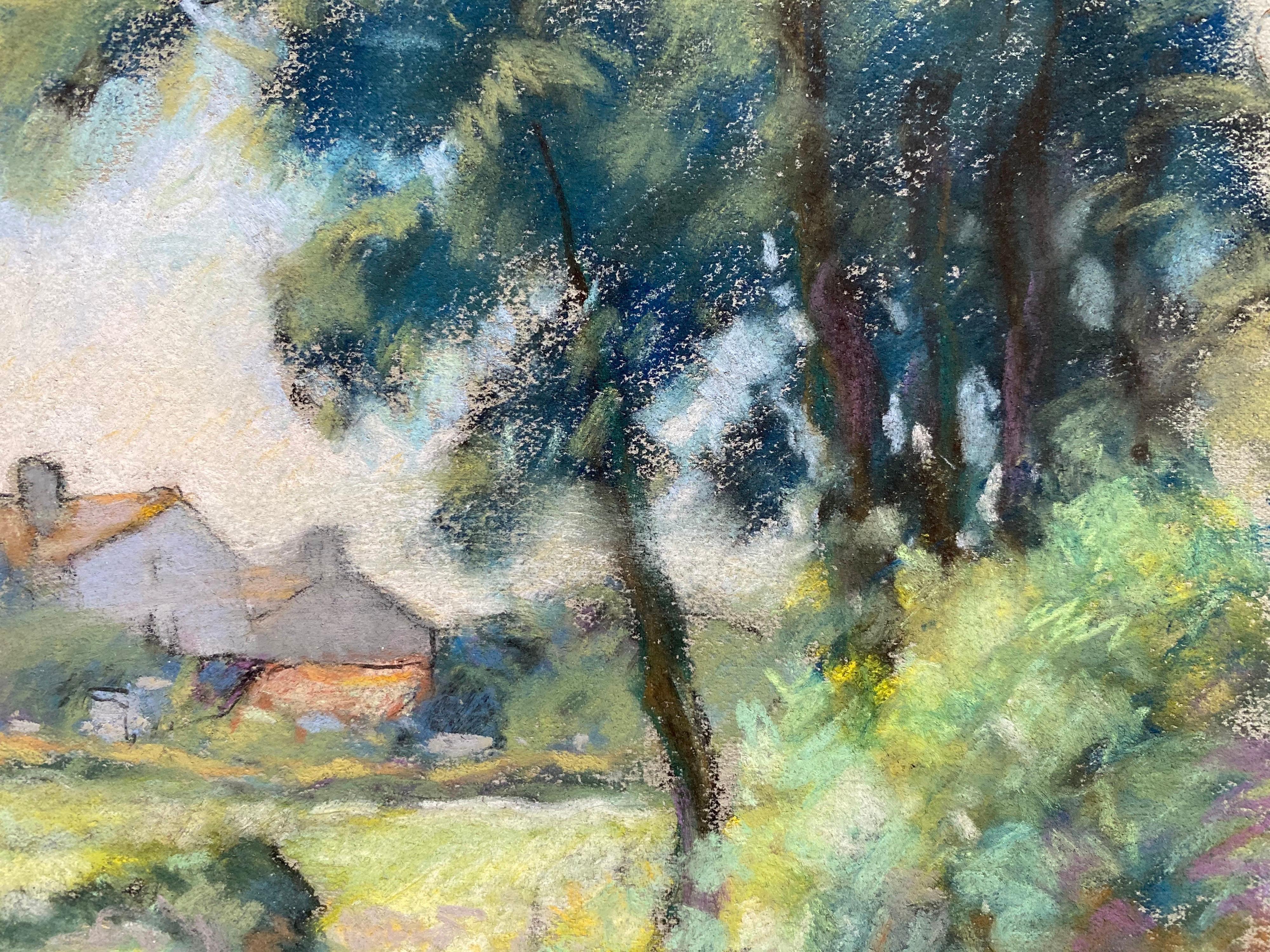 Other Camille Meriot Mid 20th Century Pastel French Impressionist Painting Rural Field For Sale