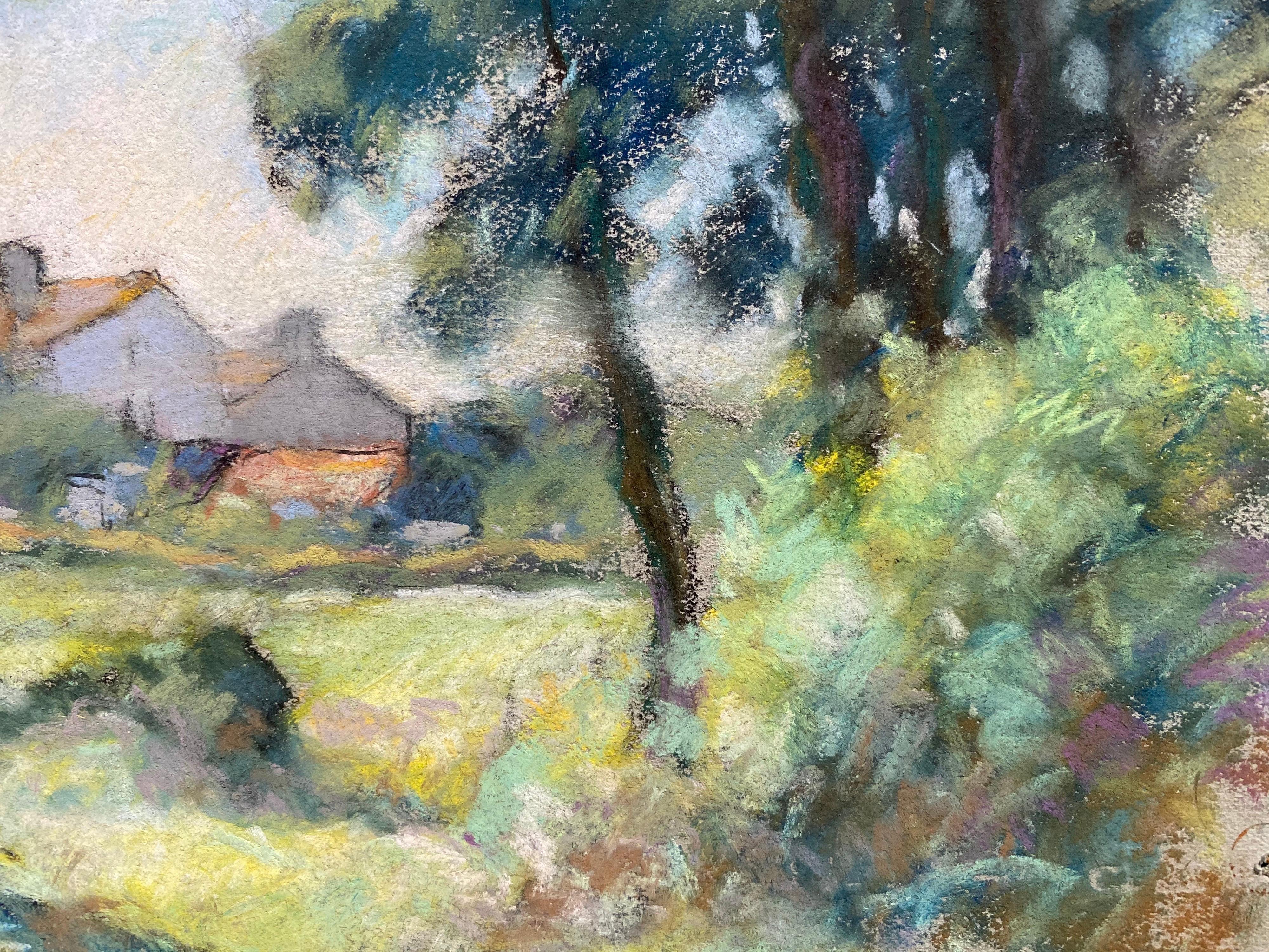 Camille Meriot Mid 20th Century Pastel French Impressionist Painting Rural Field For Sale 1
