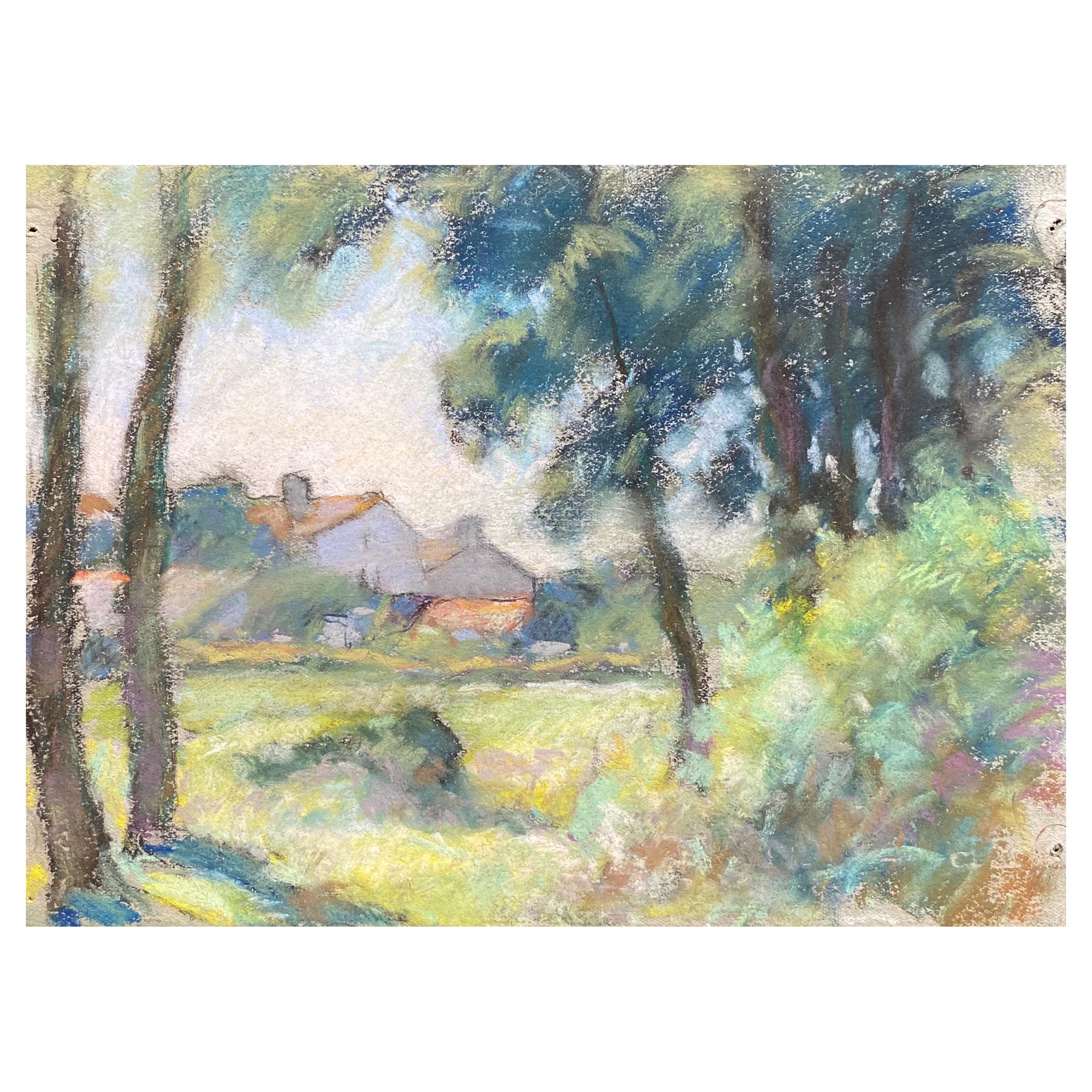 Peinture impressionniste française pastel du milieu du 20e siècle de Camille Meriot représentant un champ rural