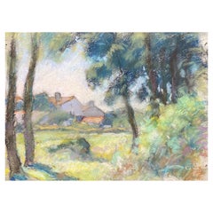 Peinture impressionniste française pastel du milieu du 20e siècle de Camille Meriot représentant un champ rural