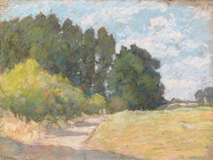 1940's French Impressionist Pastel Sunlit Countryside Pathway by Woods