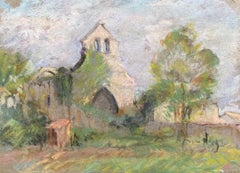 Antique French Impressionist painting Sunlit Buildings in Landscape