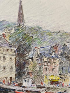 Antique French firmato Disegno a pastello impressionista Barche nel porto di Honfleur