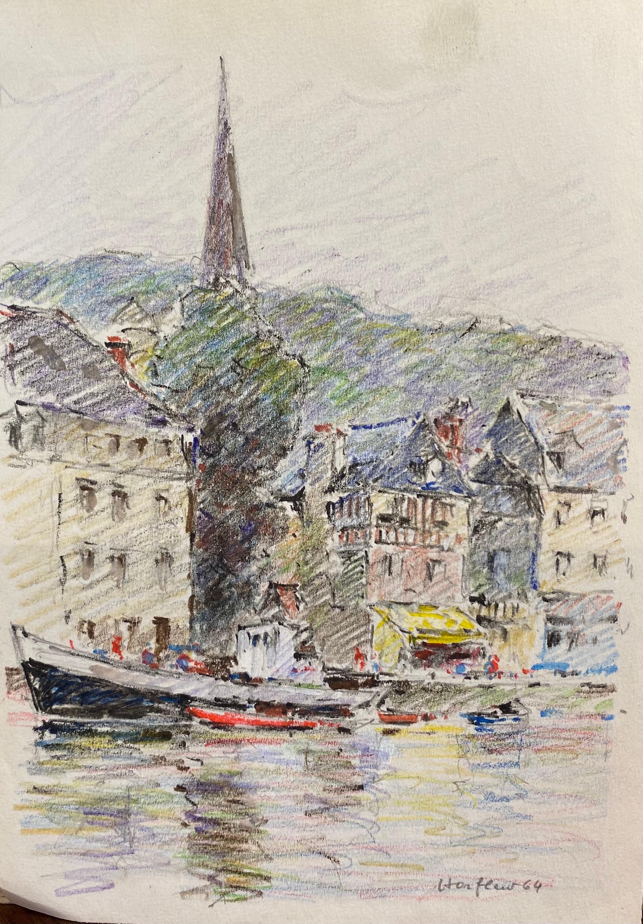 Antique French Signed Impressionist Crayon Drawing Boats in Honfleur Harbour