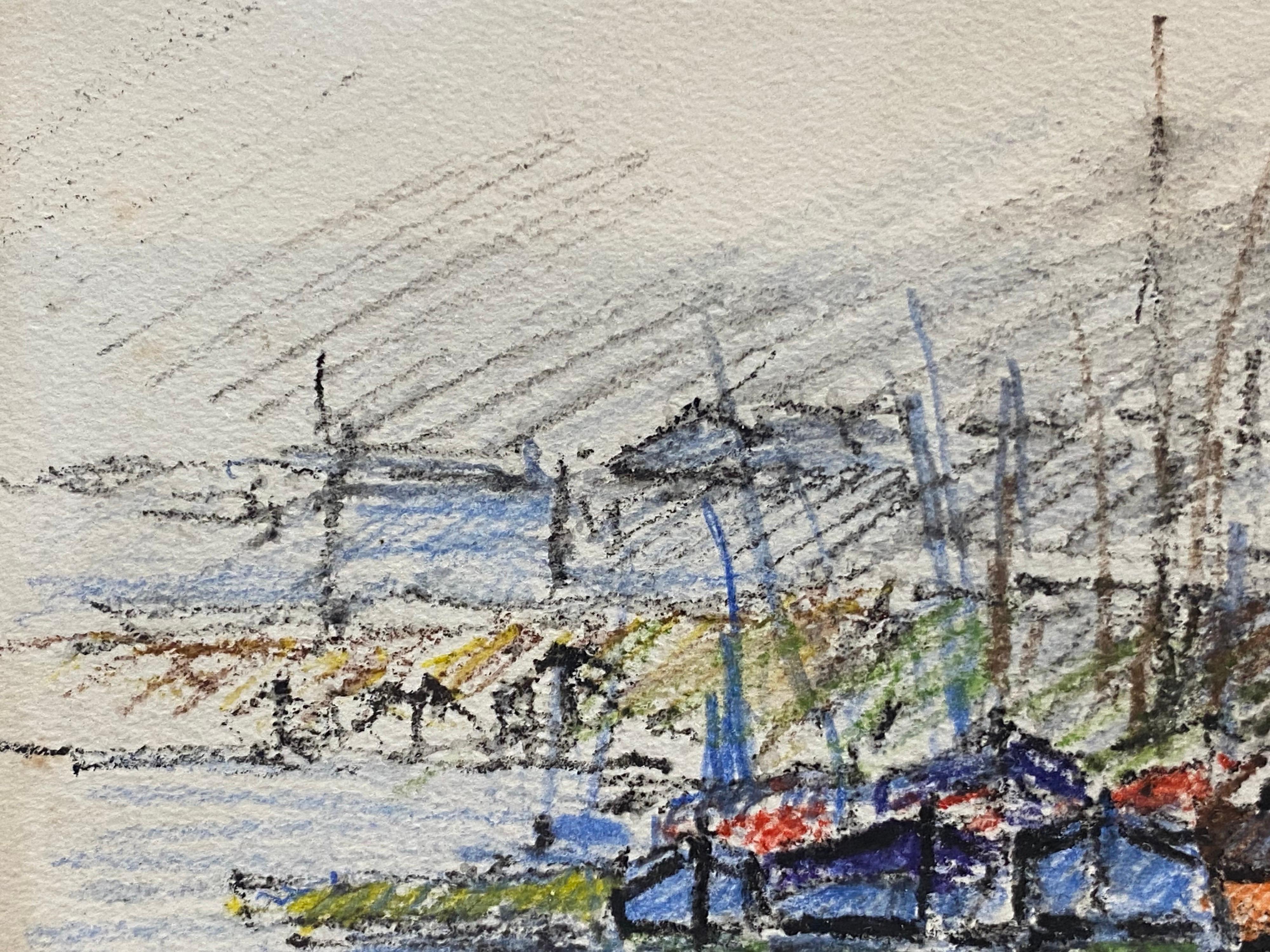 Bretonische Hafenboote, Camille Meriot, Französisch, signierte impressionistische Kreidezeichnung im Angebot 1
