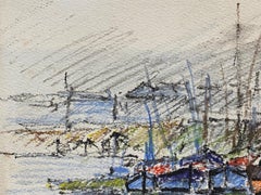 Breton Harbour Boats, Camille Meriot French Signed Impressionist Crayon Drawing
