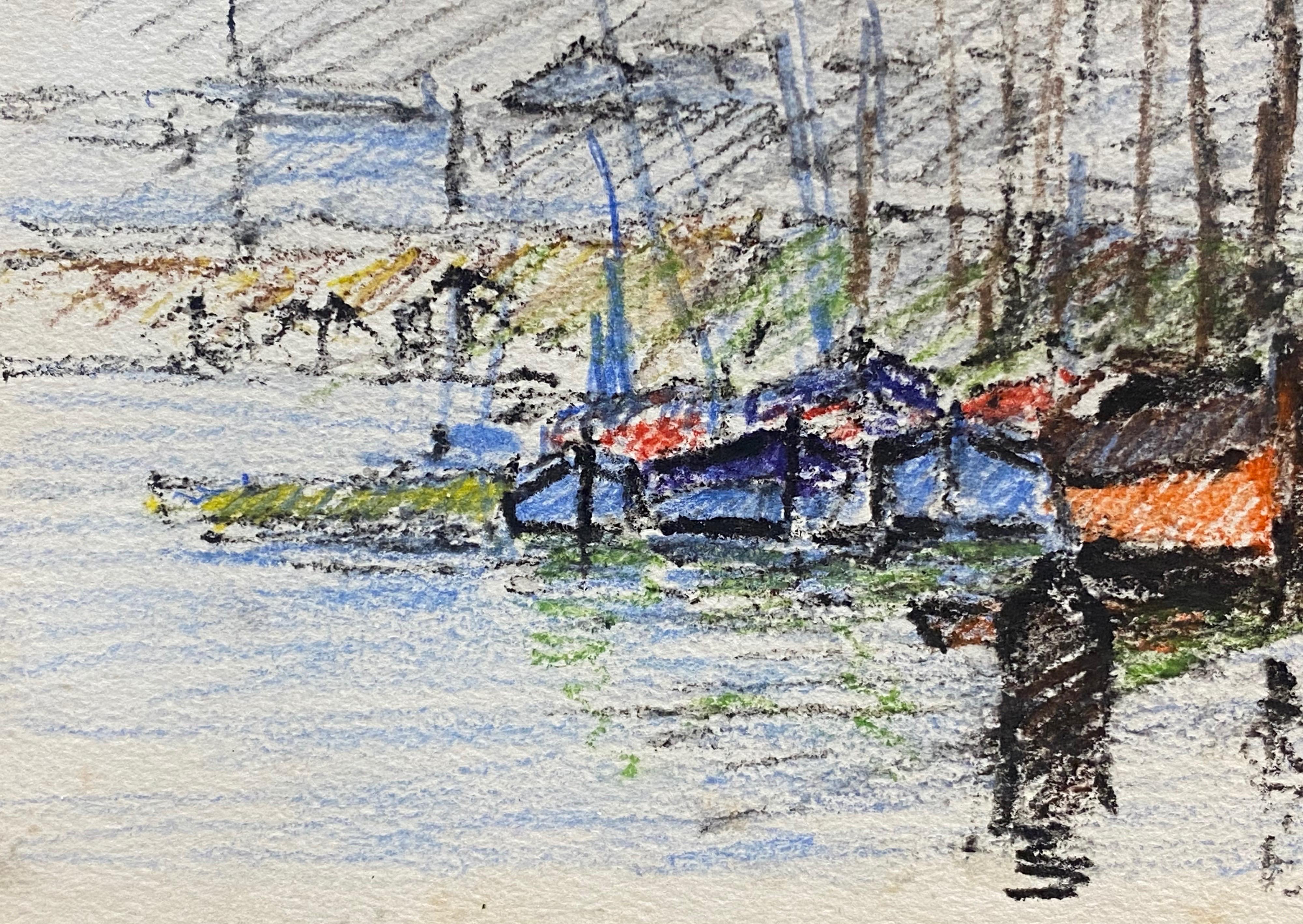 Breton Harbour Boats, Camille Meriot French Signed Impressionist Crayon Drawing For Sale 1