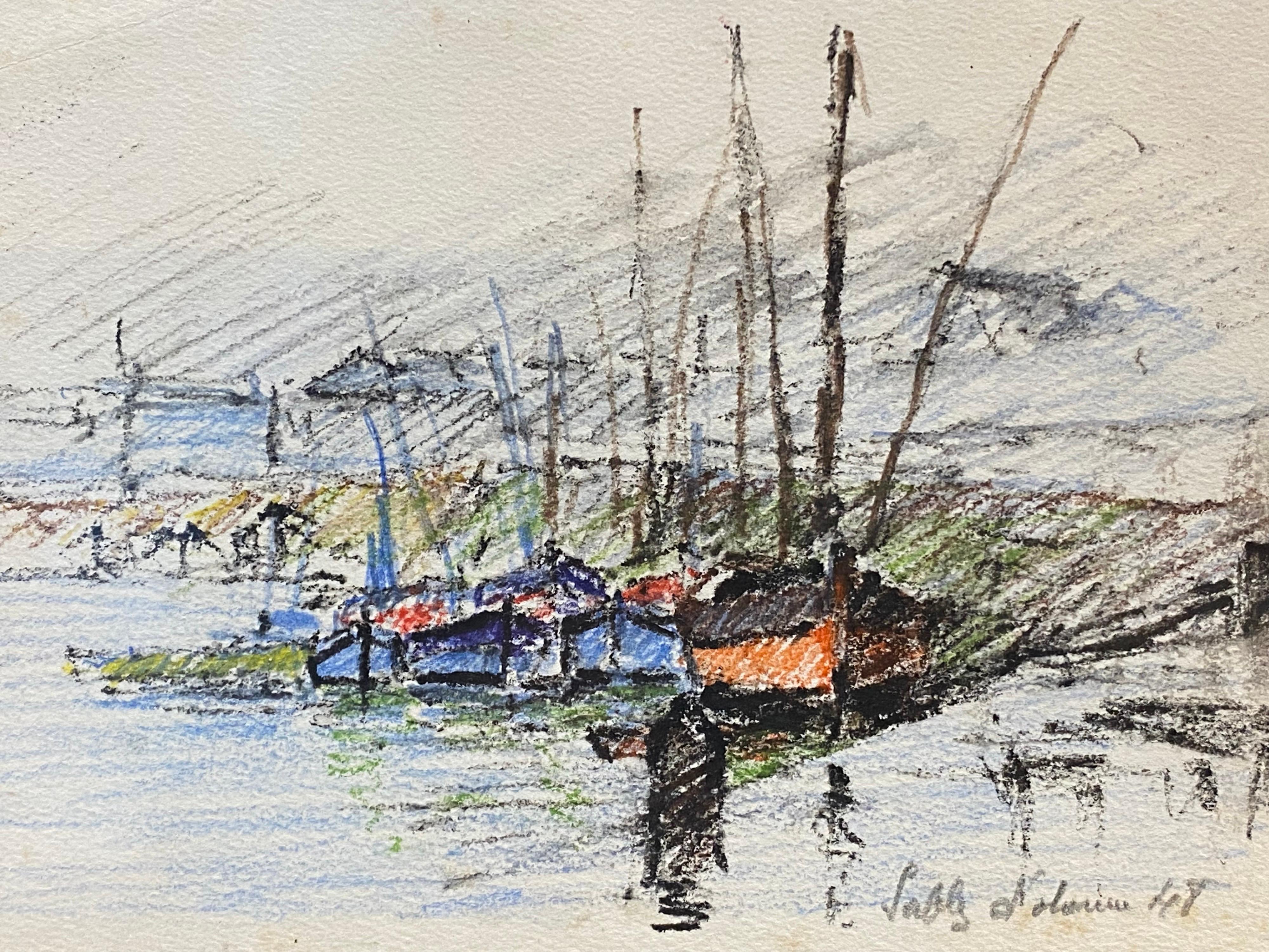 Breton Harbour Boats, Camille Meriot French Signed Impressionist Crayon Drawing