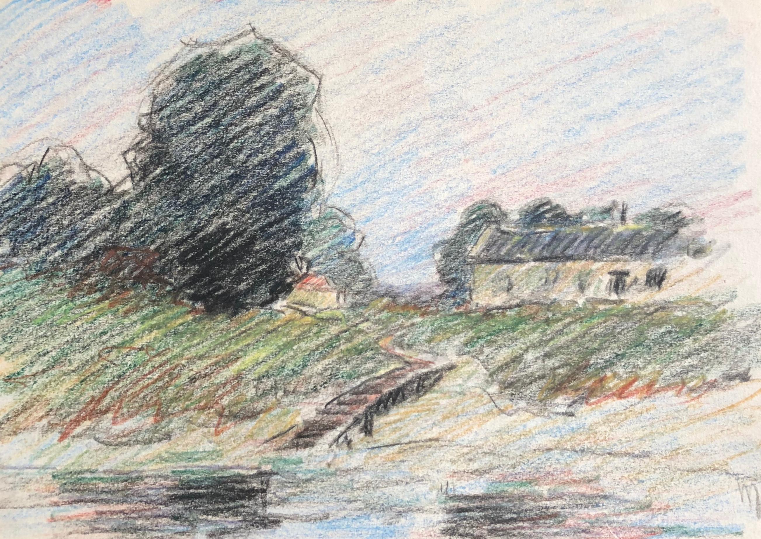 Camille Meriot Landscape Painting - Bridge Scene, French Impressionist painting