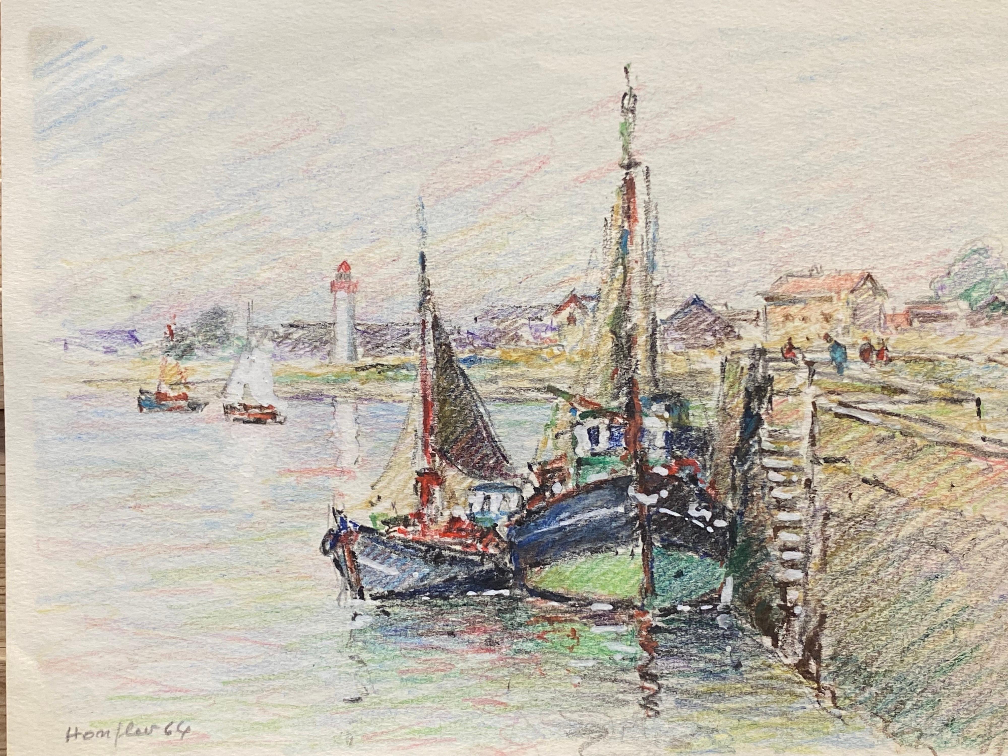 Brittany Fishing Boats in Harbour, French Signed Impressionist Crayon Drawing - Art by Camille Meriot