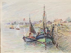 Barcos de pesca en el puerto de Bretaña, dibujo impresionista a lápiz firmado en francés