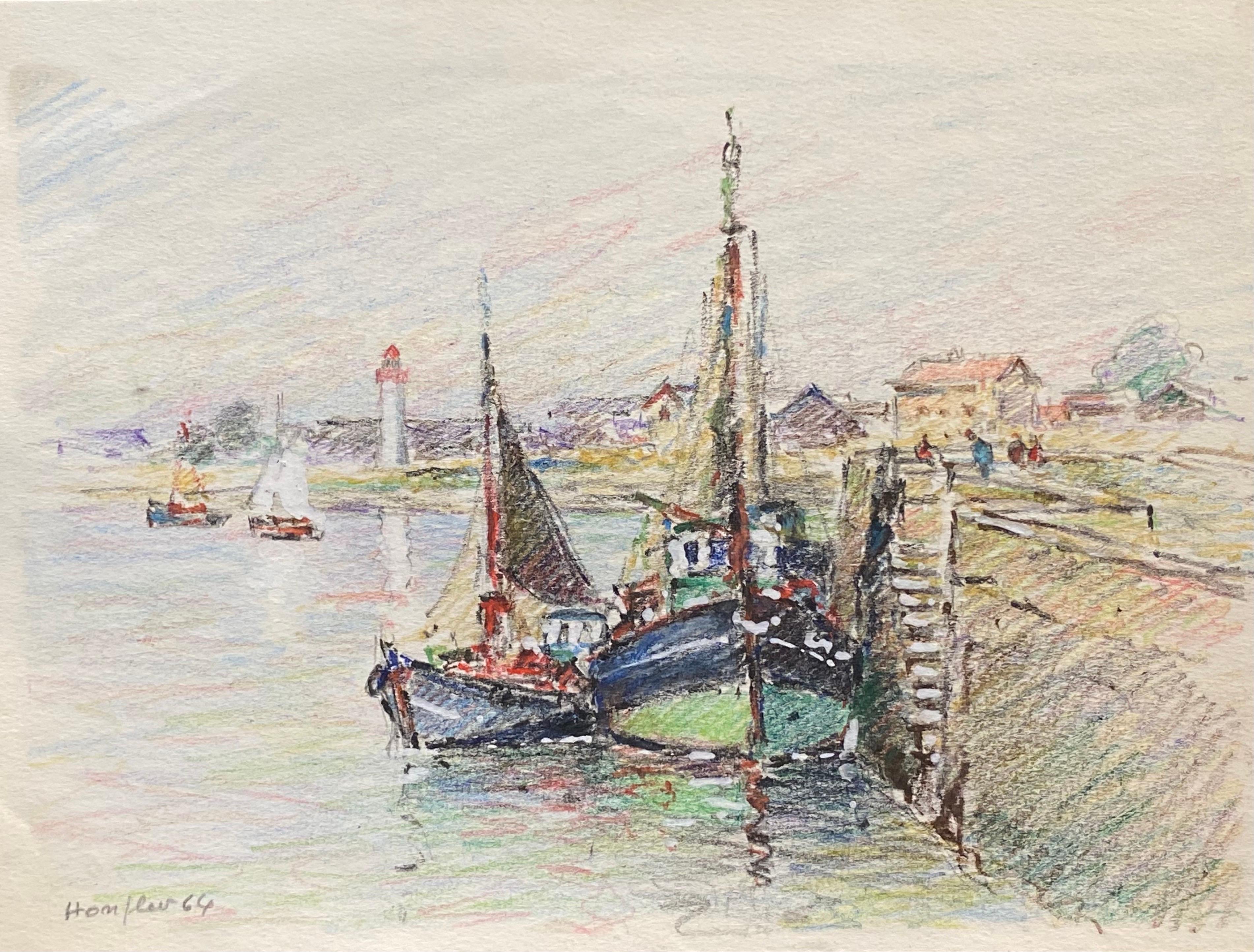 Camille Meriot Landscape Art - Brittany Fishing Boats in Harbour, French Signed Impressionist Crayon Drawing