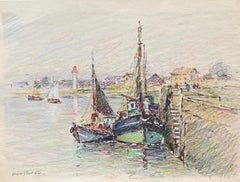 Brittany Fishing Boats in Harbour, French Signed Impressionist Crayon Drawing