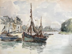 Britischer Hafen der Bretagne:: signiertes französisches Gemälde des Impressionismus:: 1947