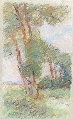 Vintage Camille Meriot French Impressionist Pastel Countryside Wispy Trees in Lane