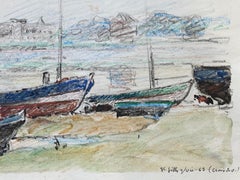 Camille Meriot French Signed Impressionist Crayon Drawing - Atmospheric Boats