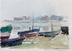 Dessin au crayon impressionniste français signé Camille Meriot - Bateaux atmosphériques 