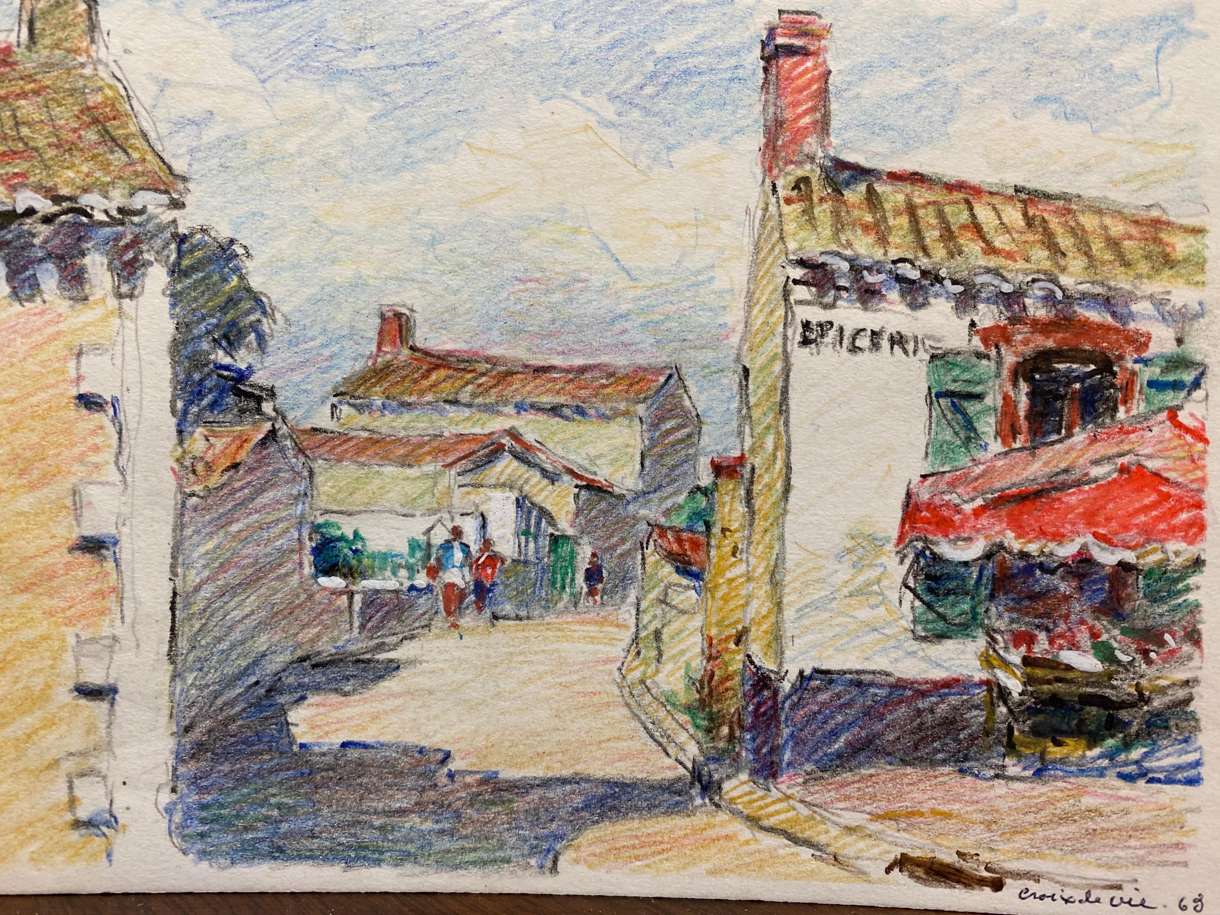 Dessin au crayon impressionniste français signé Camille Meriot, Village de Bretagne en vente 1