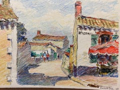 Camille Meriot Dibujo francés impresionista a lápiz Pueblo de Bretaña firmado