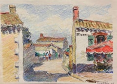 Retro Camille Meriot French Signed Impressionist Crayon Drawing Brittany Village