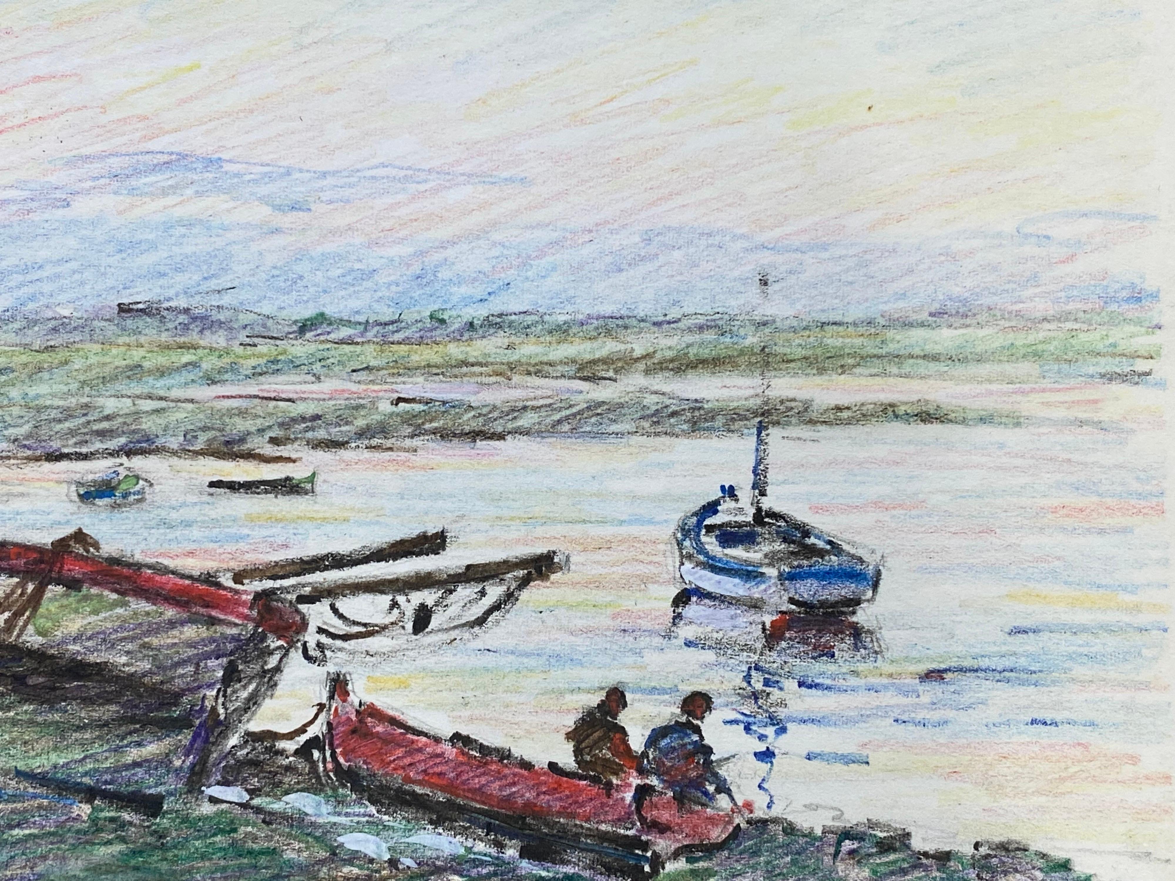 Camille Meriot Dibujo impresionista a lápiz firmado en francés - Junto al puerto en venta 1