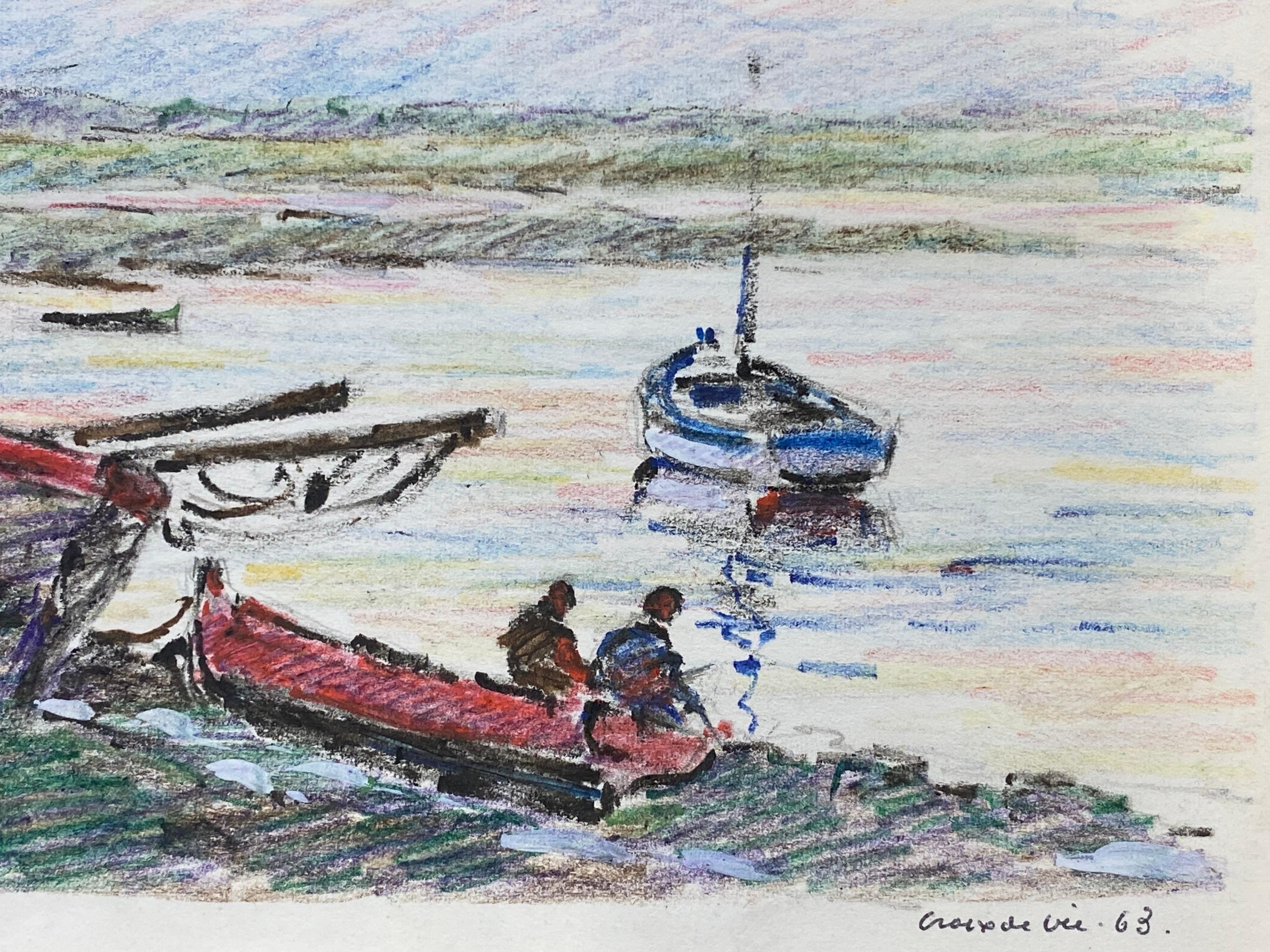 Camille Meriot French Signed Impressionist Crayon Drawing - By The Harbour For Sale 3