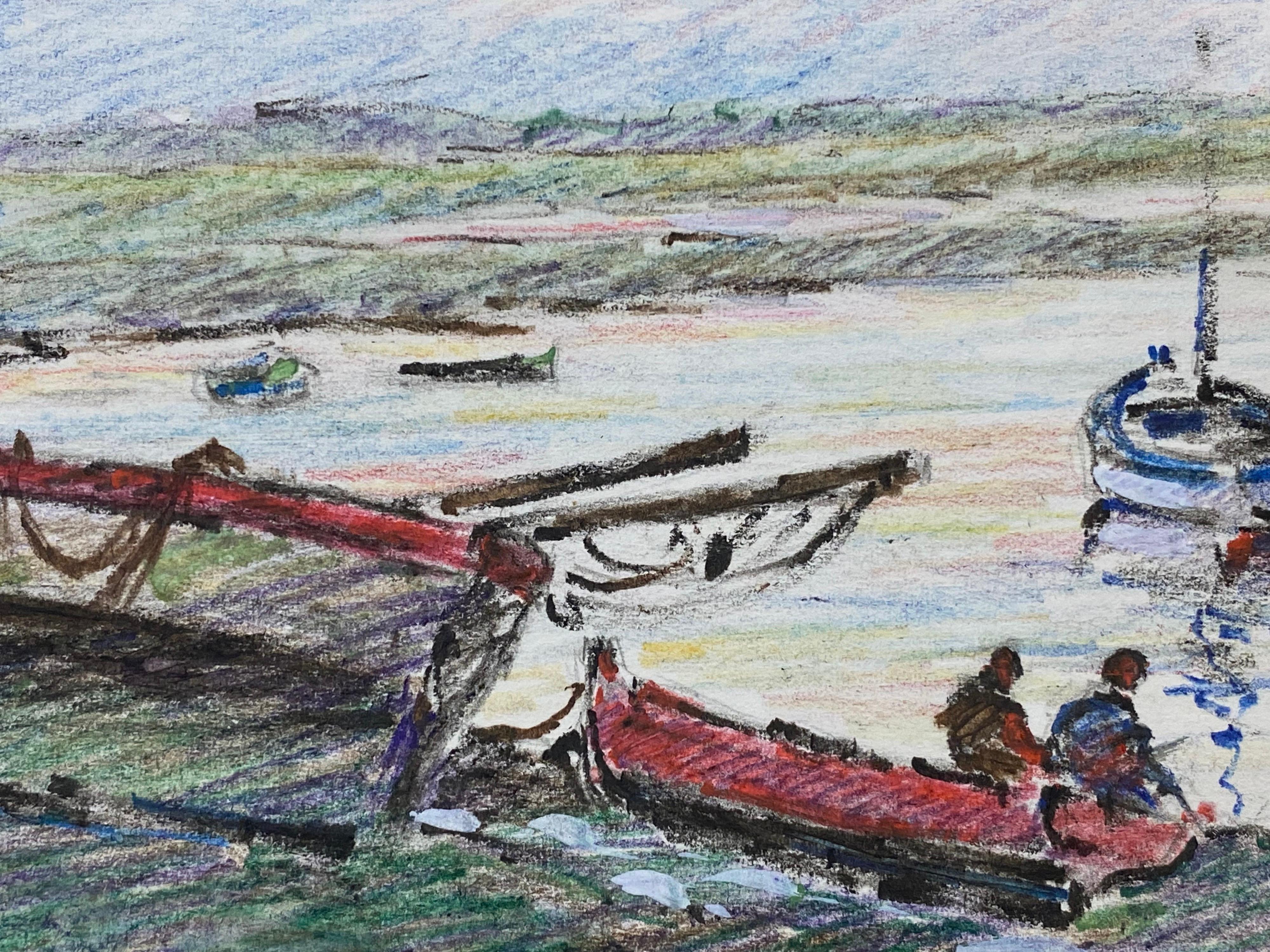 Camille Meriot French Signed Impressionist Crayon Drawing - By The Harbour For Sale 4