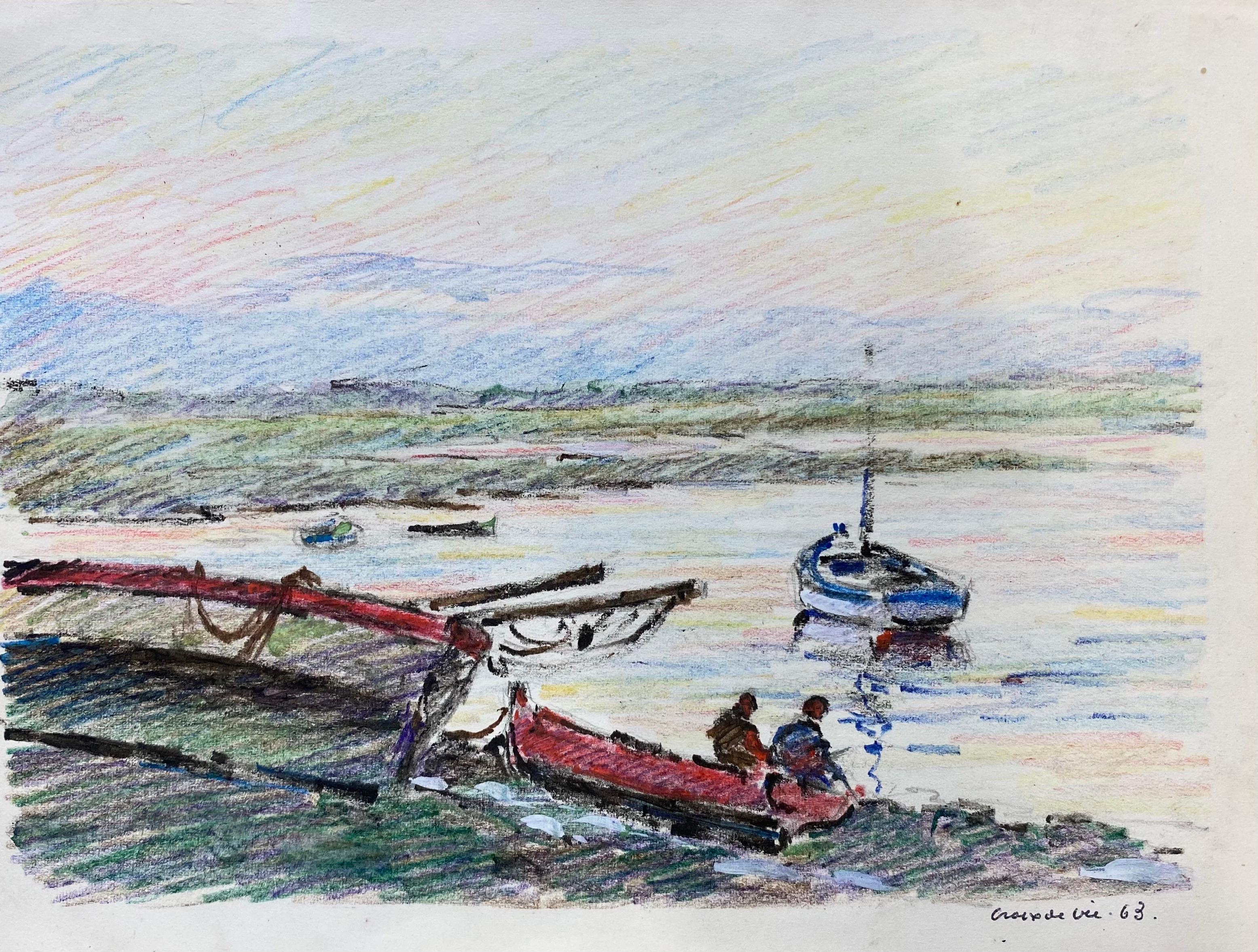"By The Harbour"
by Camille Meriot (French 1887-1975) 
signed and dated 63', stamped verso
crayon drawing on paper

paper : 6.5 x 8.75 inches

Fine original French Impressionist painting by the well listed and popular French painter, Camille Meriot