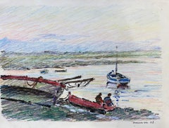 Französische signierte impressionistische Crayon-Zeichnung von Camille Meriot von The Harbour