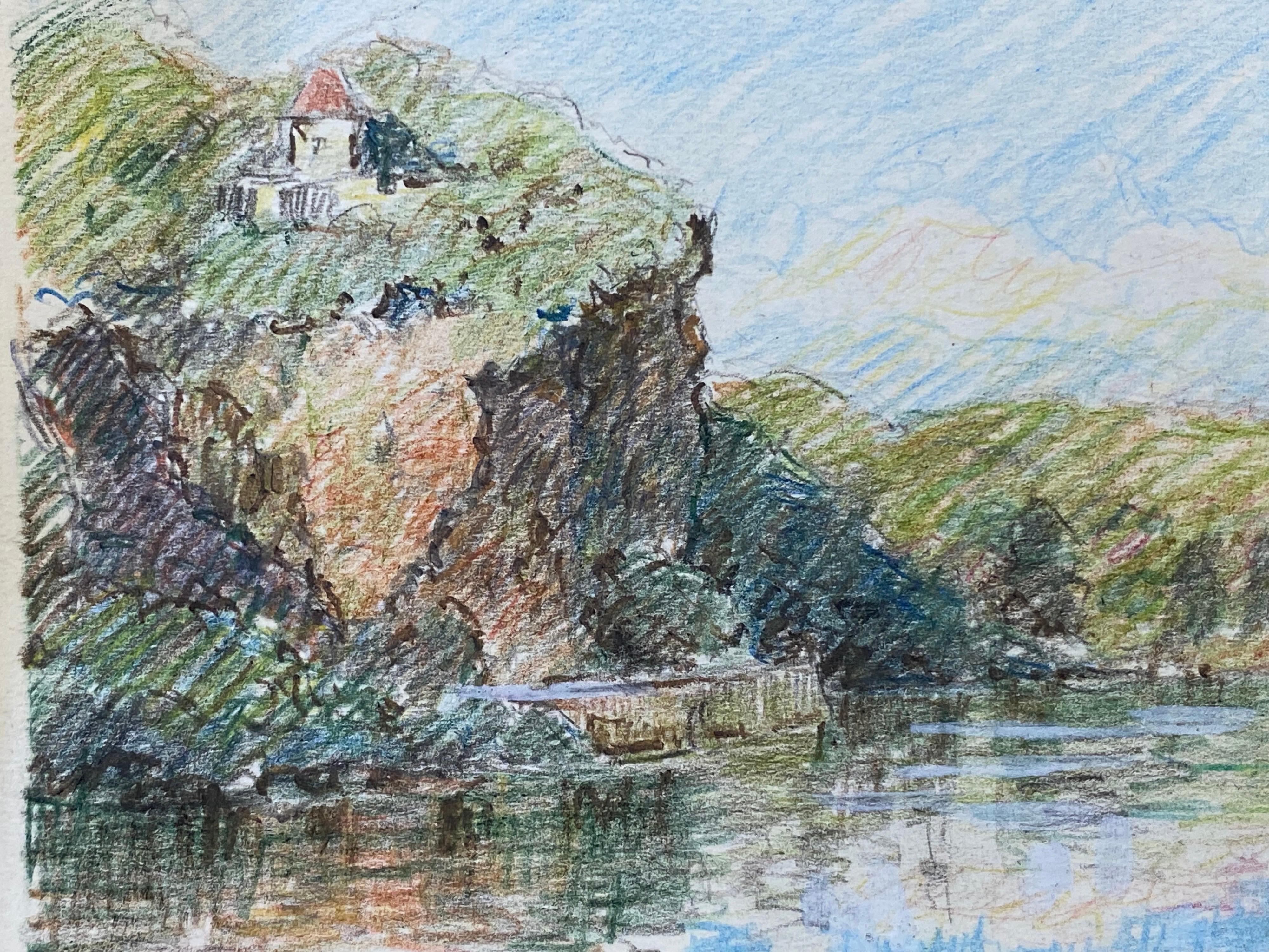 VITRAC FRANCE French Signed Impressionist Crayon Drawing - Cliffs Over Lake - Painting by Camille Meriot