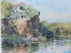 VITRAC FRANCE - Drawing impressionniste français à l'crayon signé, au-dessus d'un lac