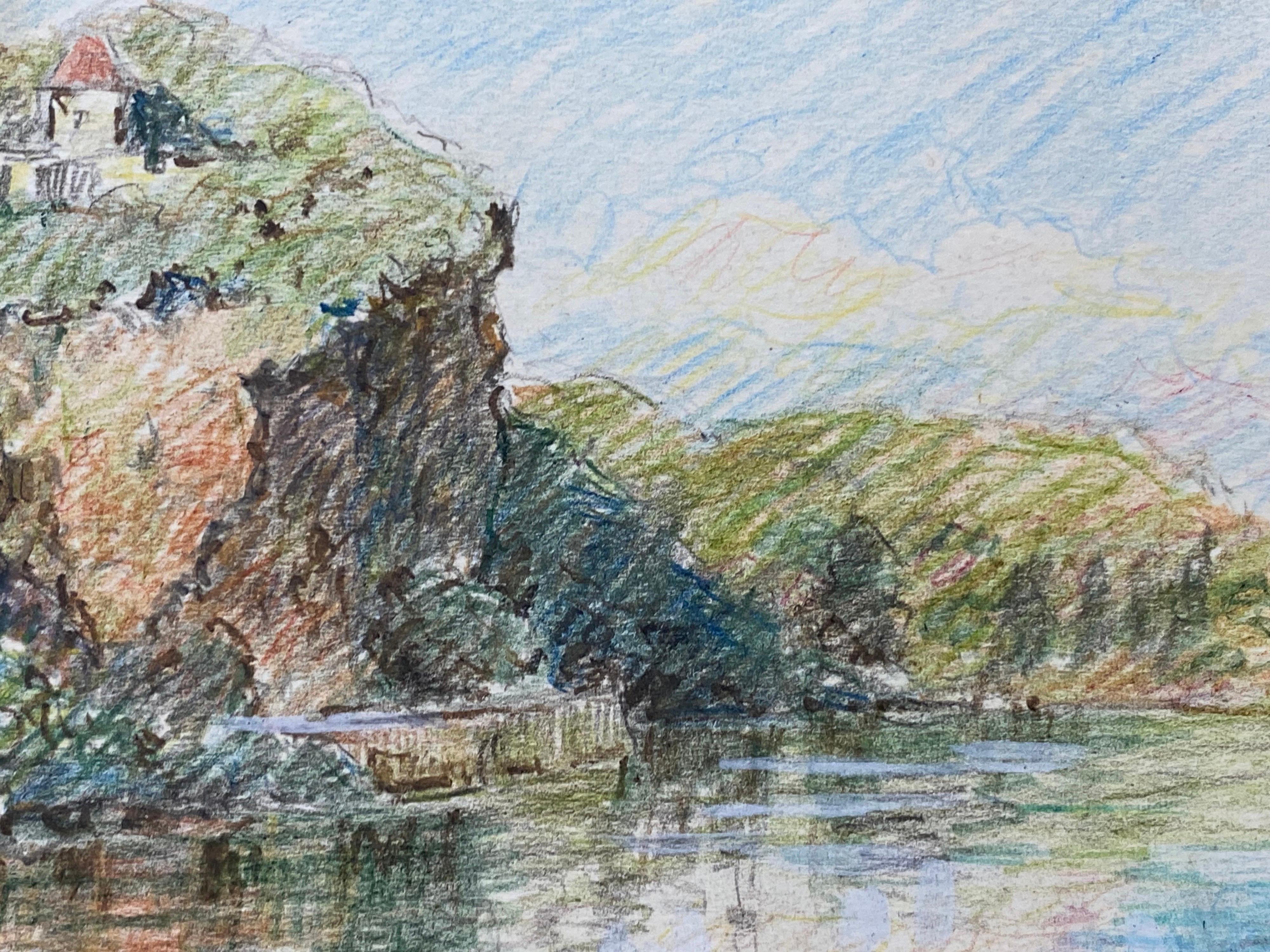 VITRAC FRANCE French Signed Impressionist Crayon Drawing - Cliffs Over Lake - Blue Landscape Painting by Camille Meriot