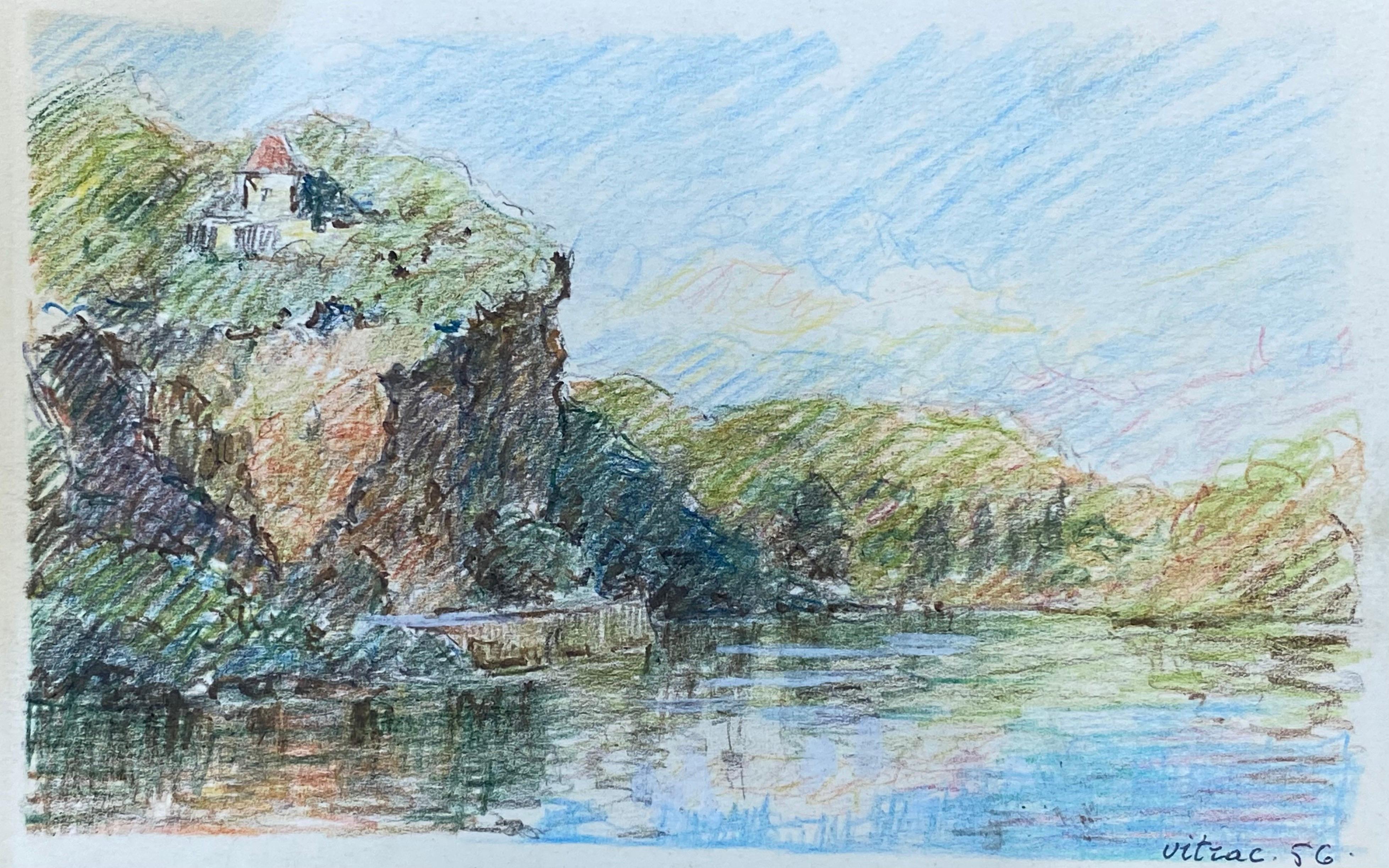 Camille Meriot Landscape Painting - VITRAC FRANCE French Signed Impressionist Crayon Drawing - Cliffs Over Lake