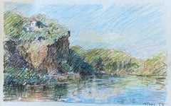 VITRAC FRANCE French Signed Impressionist Crayon Drawing - Cliffs Over Lake