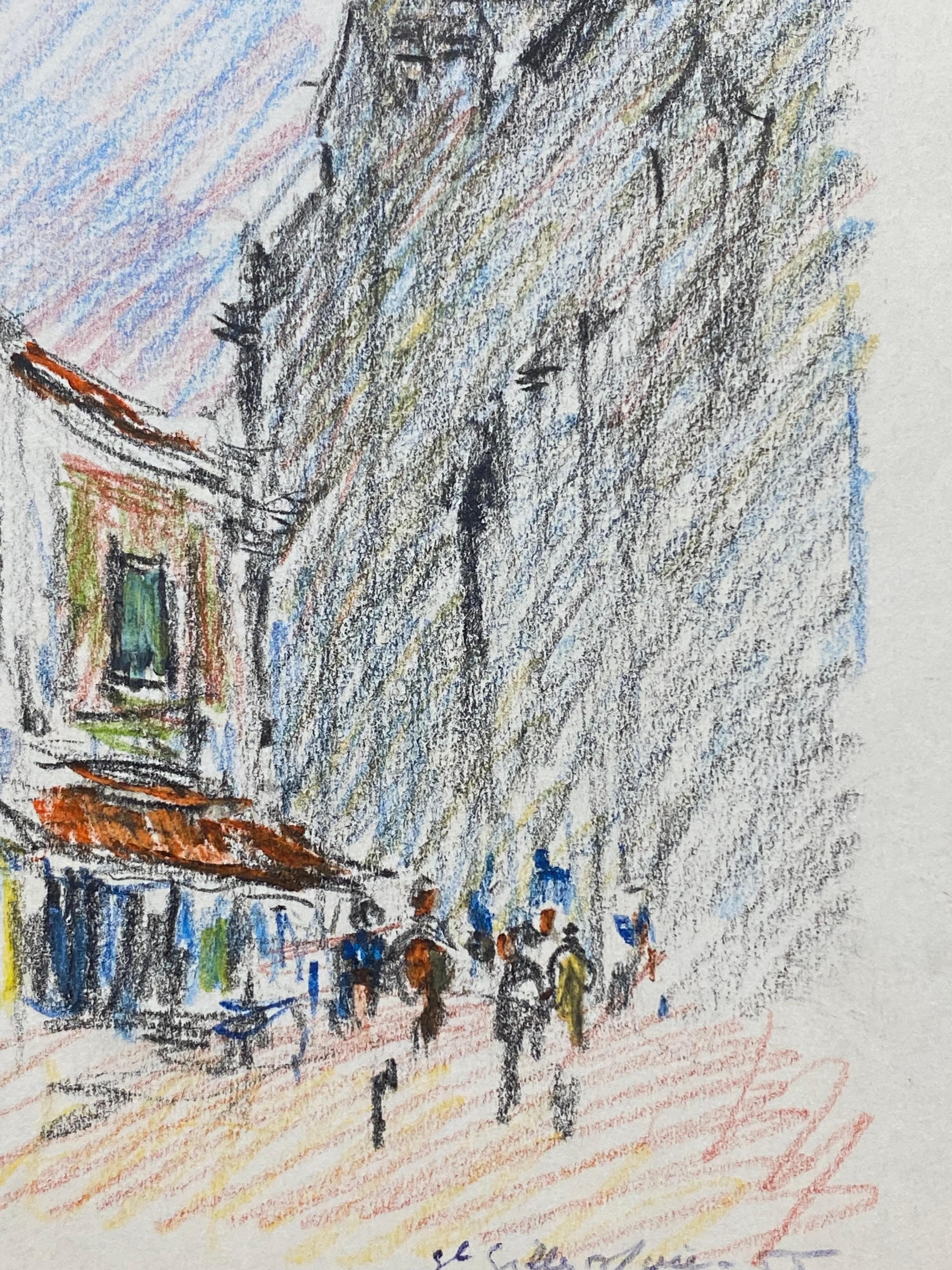 Drawing impressionniste au crayon OLD PROVENCE TOWN - Figures mouchetées par Cafe - Impressionnisme Art par Camille Meriot