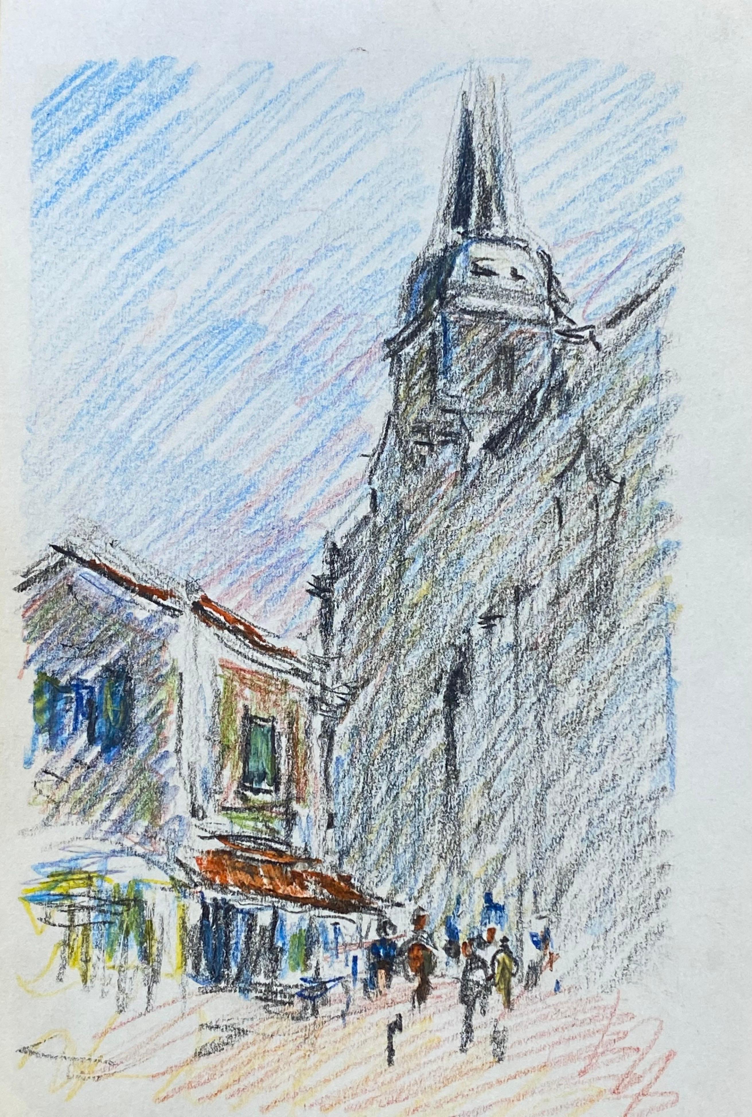 Camille Meriot Landscape Art - OLD PROVENCE TOWN Impressionist Crayon Drawing - Figures Mooching by Cafe