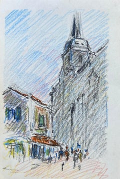 Vintage OLD PROVENCE TOWN Impressionist Crayon Drawing - Figures Mooching by Cafe