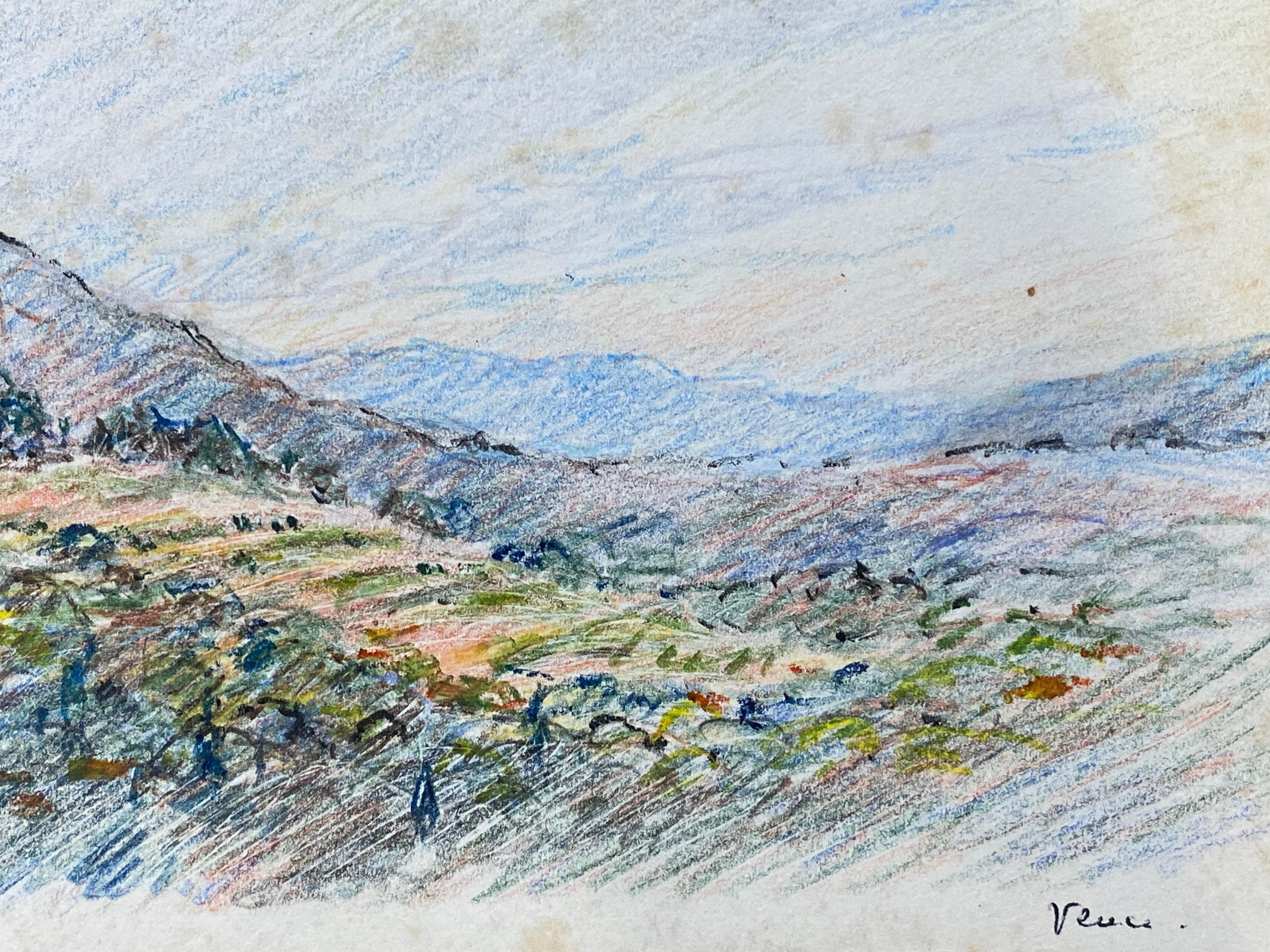 VENCE French Signed Impressionist Crayon Drawing - Provence gentle Landscape - Painting by Camille Meriot