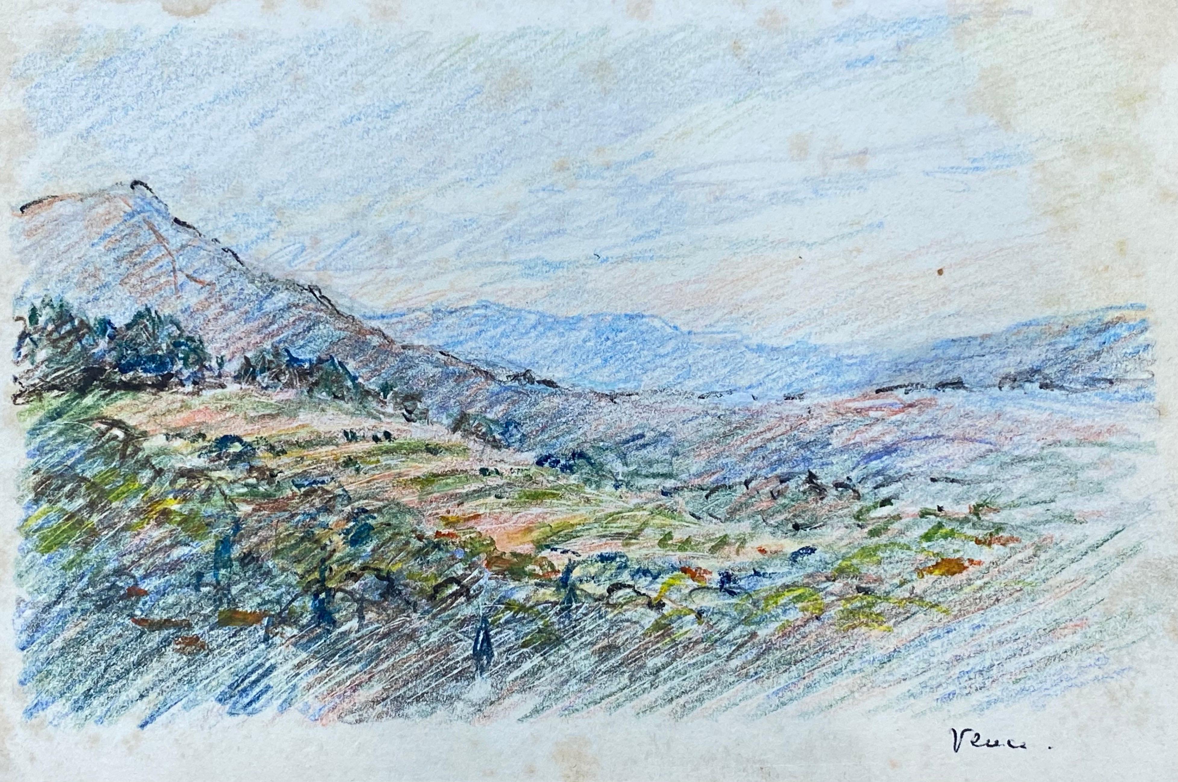 Camille Meriot Landscape Painting - VENCE French Signed Impressionist Crayon Drawing - Provence gentle Landscape