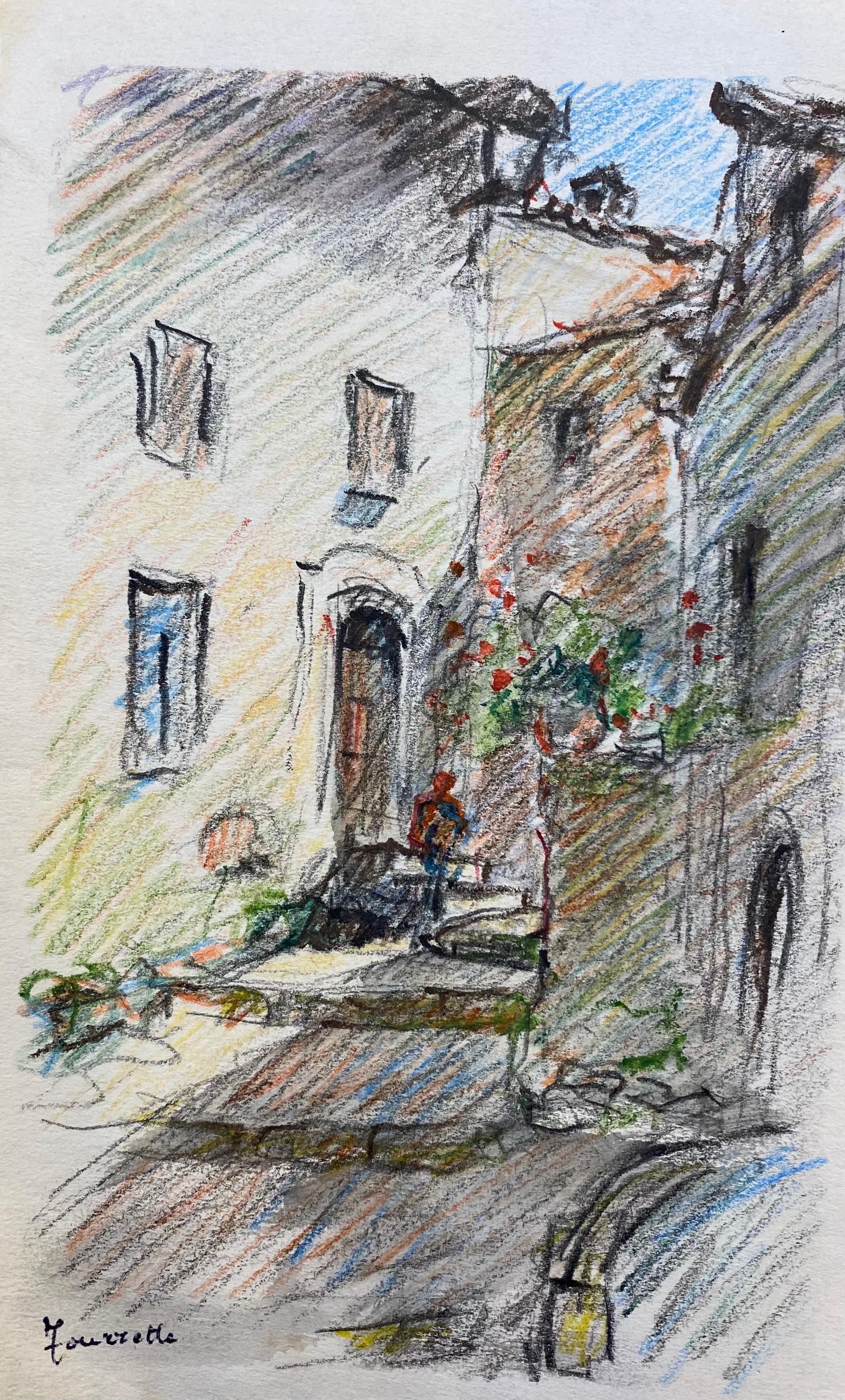 Camille Meriot Landscape Painting - TOURETTES PROVENCE French Signed Impressionist Crayon Drawing - The Old Village