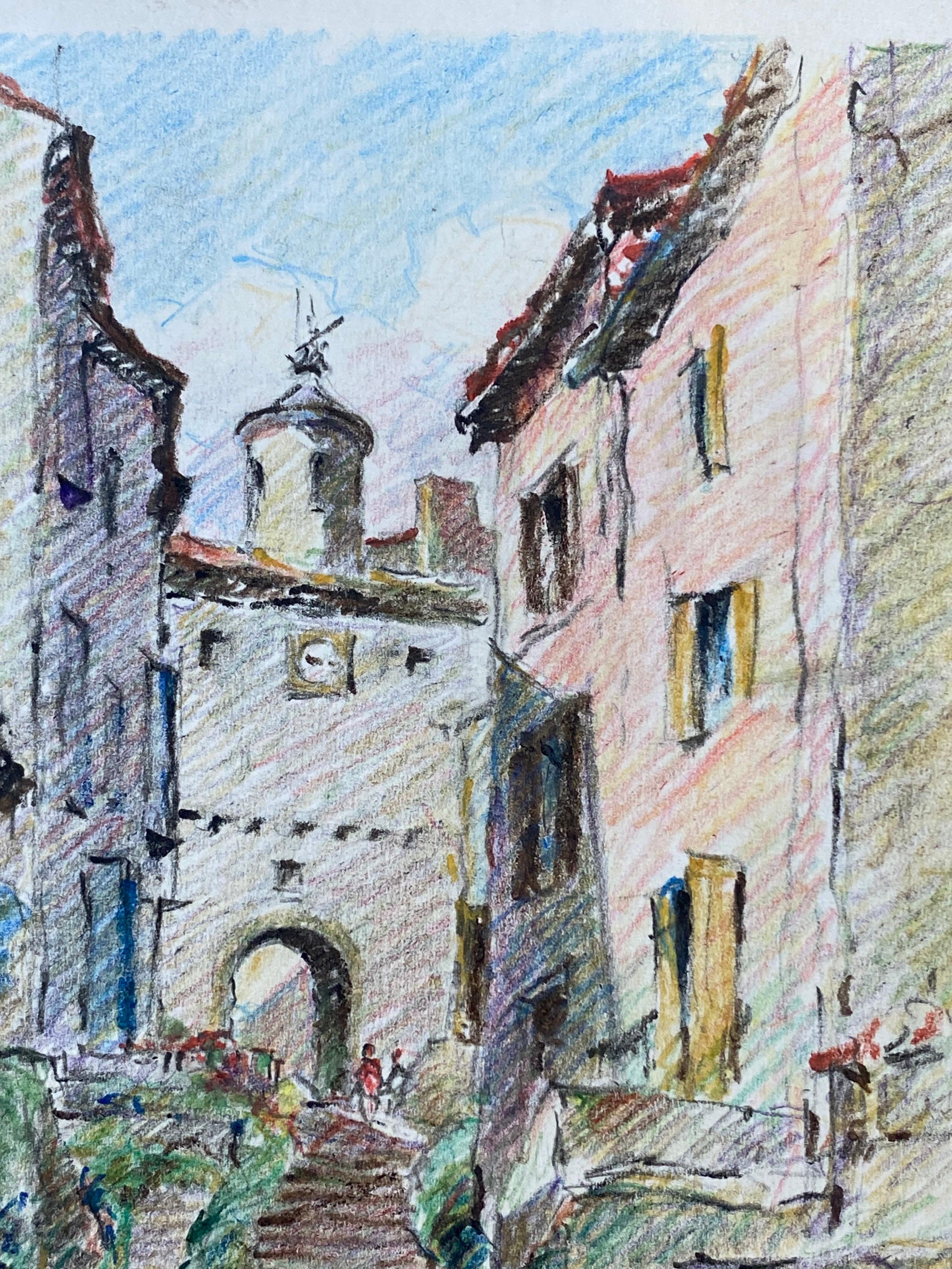PROVENCE HILL TOP TOWN - Drawing au crayon impressionniste français - Painting de Camille Meriot
