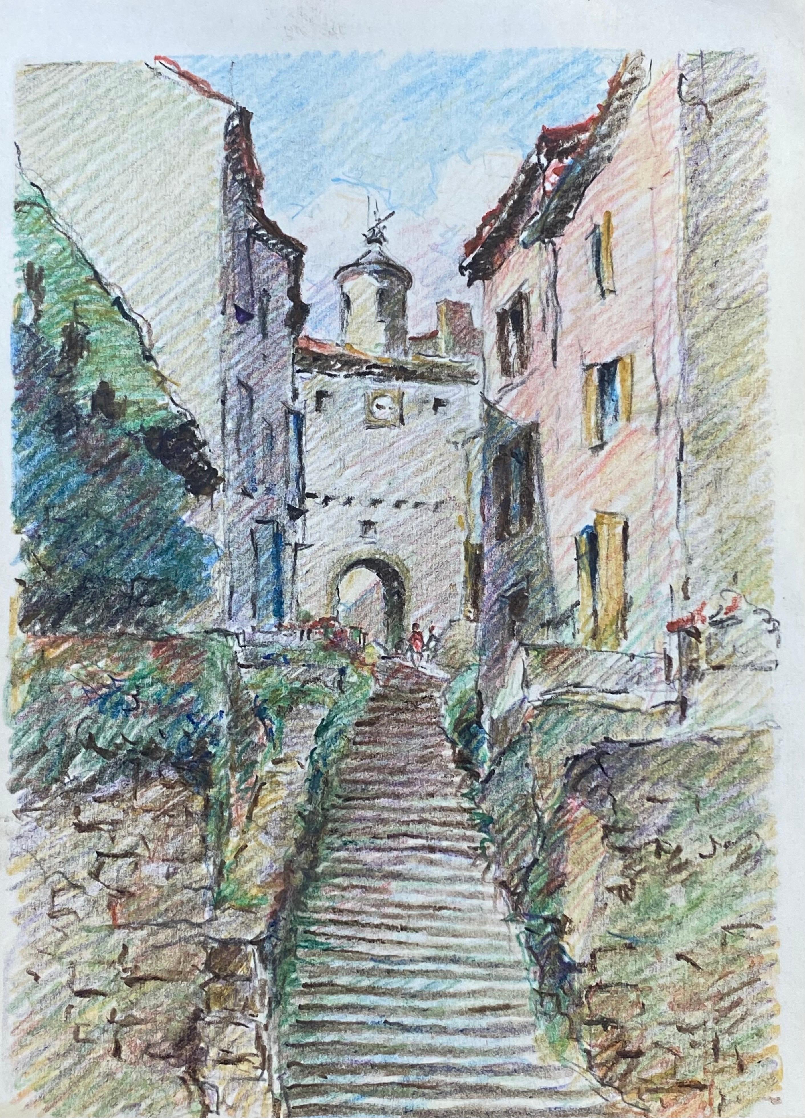 Camille Meriot Landscape Painting - PROVENCE HILL TOP TOWN French Impressionist Crayon Drawing