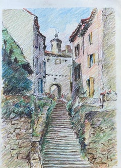 PROVENCE HILL TOP TOWN French Impressionist Crayon Drawing
