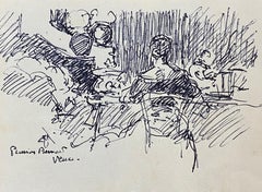 Camille Meriot French Signed Impressionist Ink Drawing - Cafe In Vence