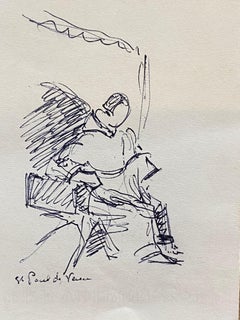 Französisches signiertes impressionistisches Tuschegemälde von Camille Meriot - Figur in Vence