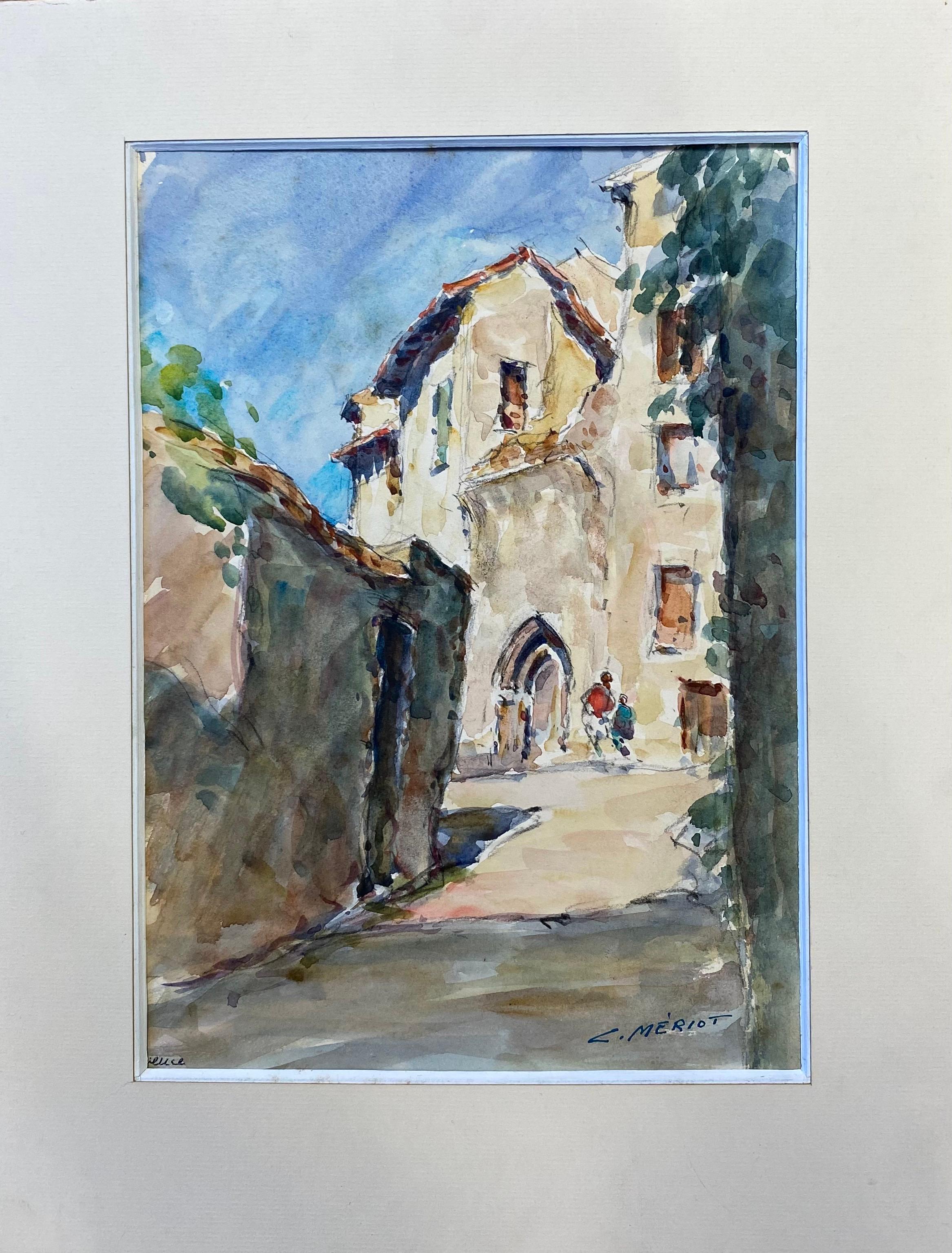 Figures Walking in old Provencal Village, vintage French Impressionist painting - Painting by Camille Meriot