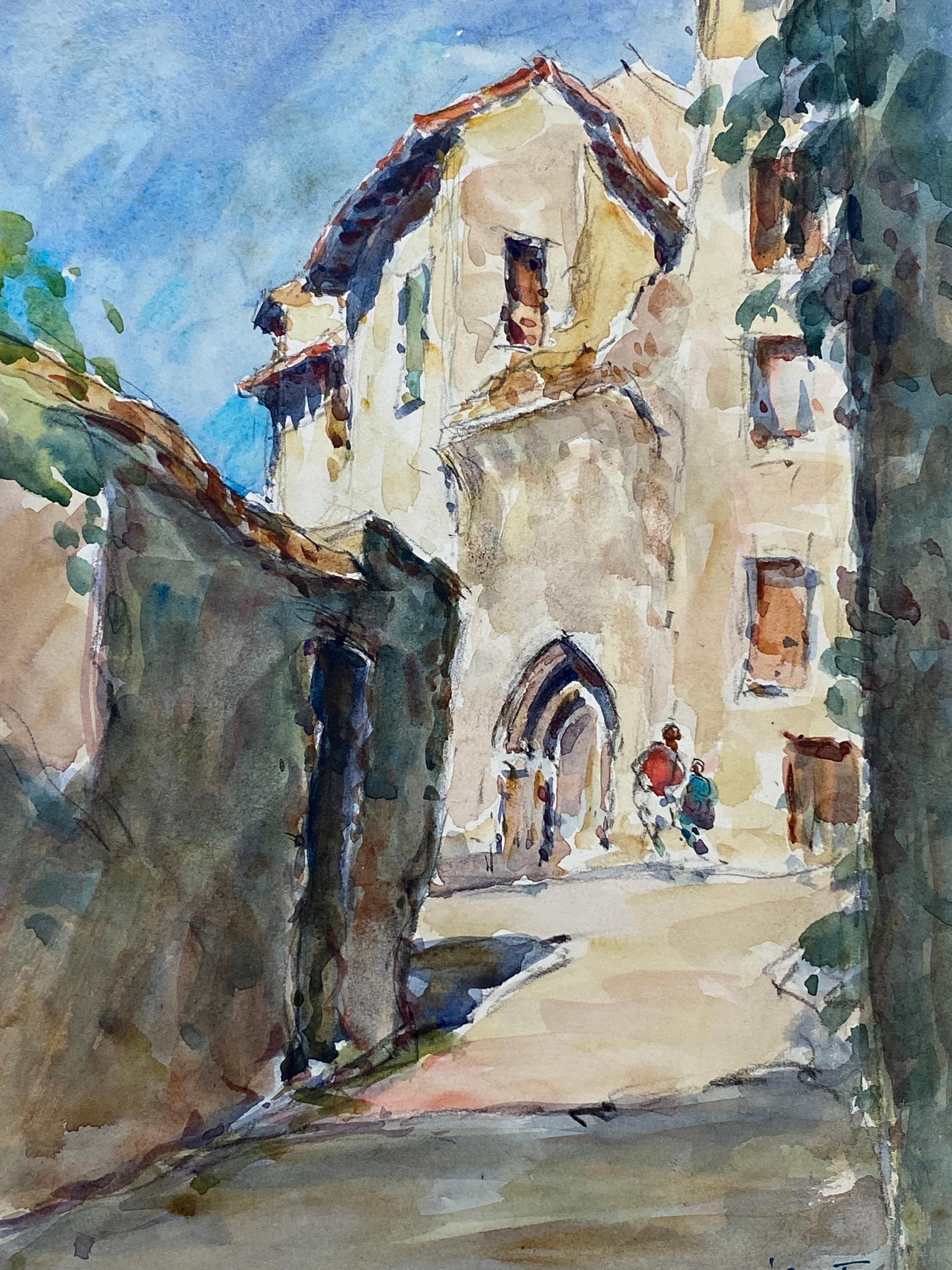 Camille Meriot Landscape Painting - Figures Walking in old Provencal Village, vintage French Impressionist painting